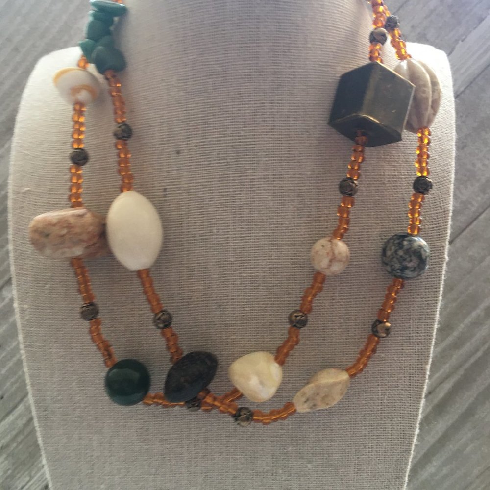 Retro Chunky Natural Gemstone and Seed Bead Necklace Bohochic